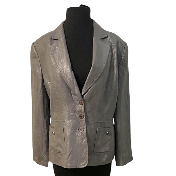 Tahari suit Blazer Silver/Metallic/Grey Set Single Breasted 3 Buttons 14P - Picture 8 of 13
